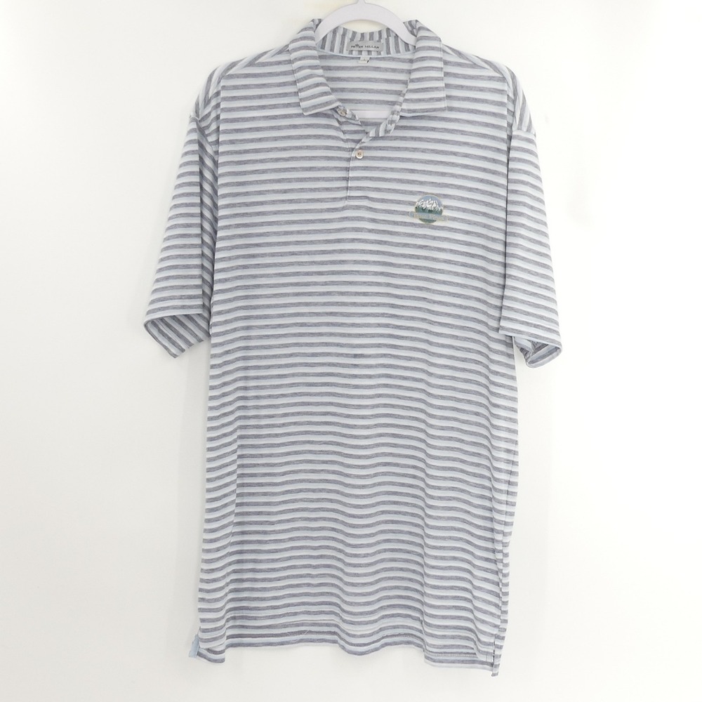Peter Millar Golf Polo Shirt Gray Blue Stripe‎ Teton Pines Men's Large
